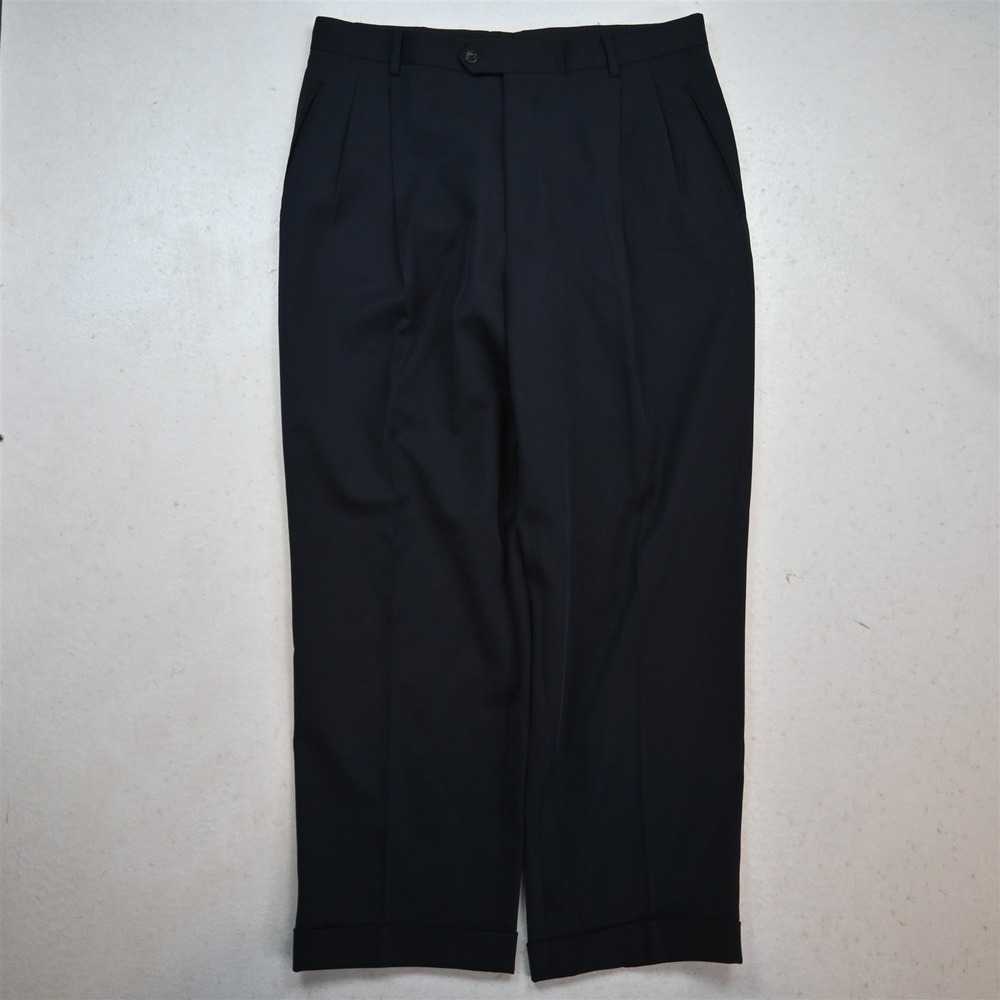 Bespoke 34x30 Navy Blue Wool Pleated Cuffed Baggy Dress Mens Pants